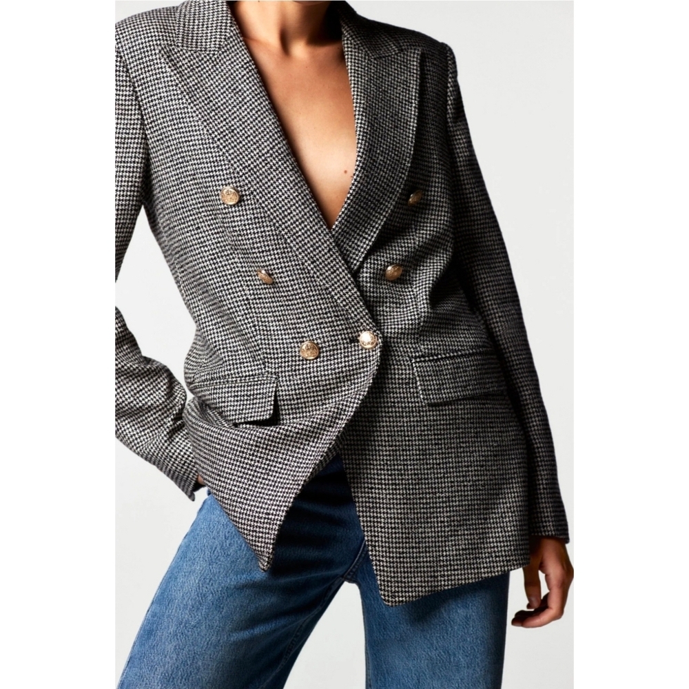 RARE ZARA HOUNDSTOOTH BLACK WHITE JACKET BLAZER DOUBLE BREASTED M
